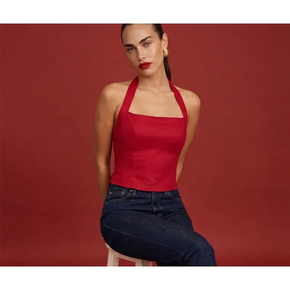 $169 New Kourt Dixie red linen halter top blouse size 2